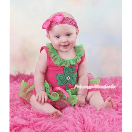 St Patrick's Day Hot Pink Tank Top With Kelly Green Chiffon Lacing With Clover Print With Hot Pink Bow Hot Pink Kelly Green Petal Pettiskirt MH163 